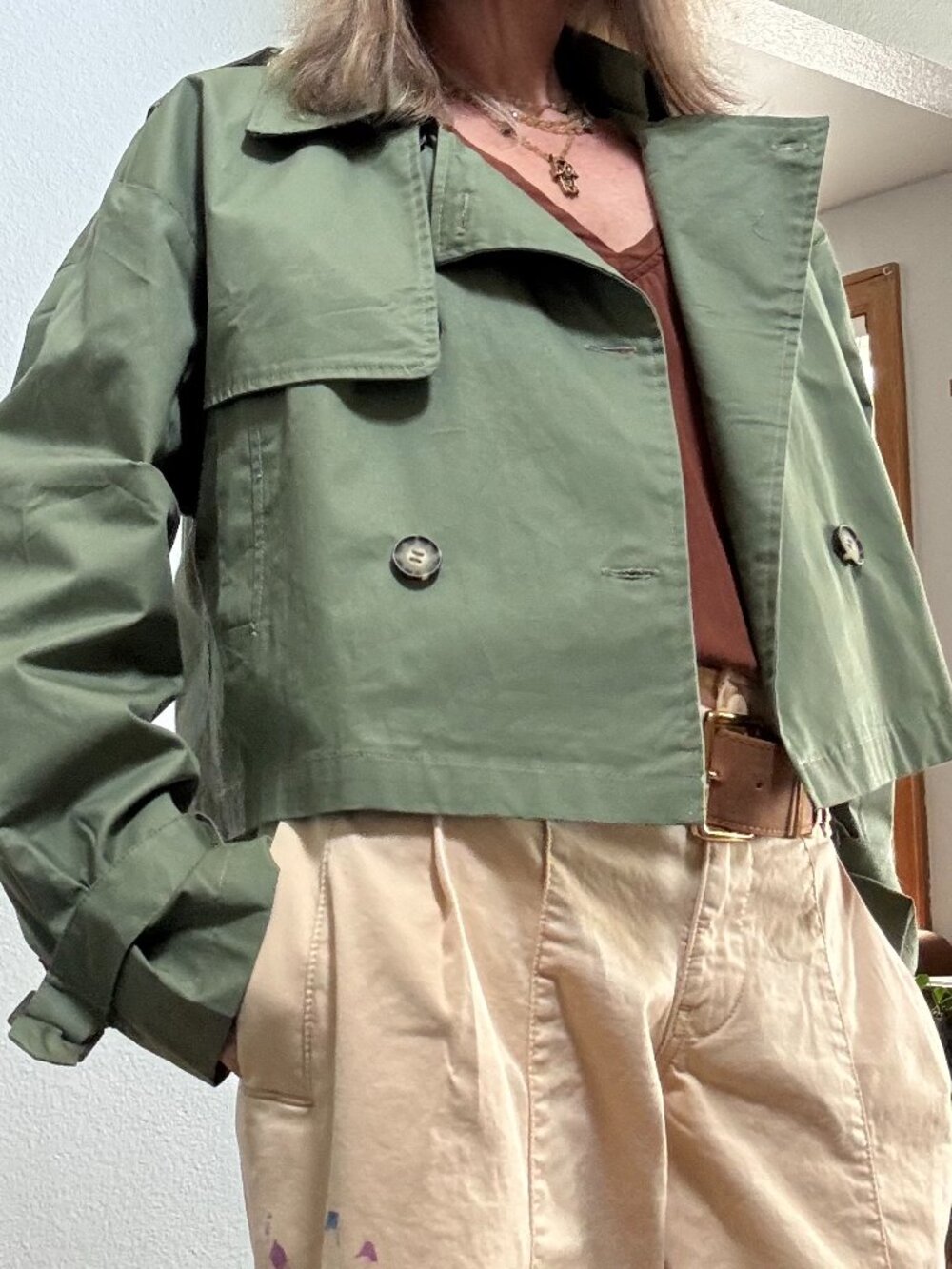 Minimalist Capsule Iris Olive Cropped Double Breasted Cotton Trench Medium - Picture 2 of 13